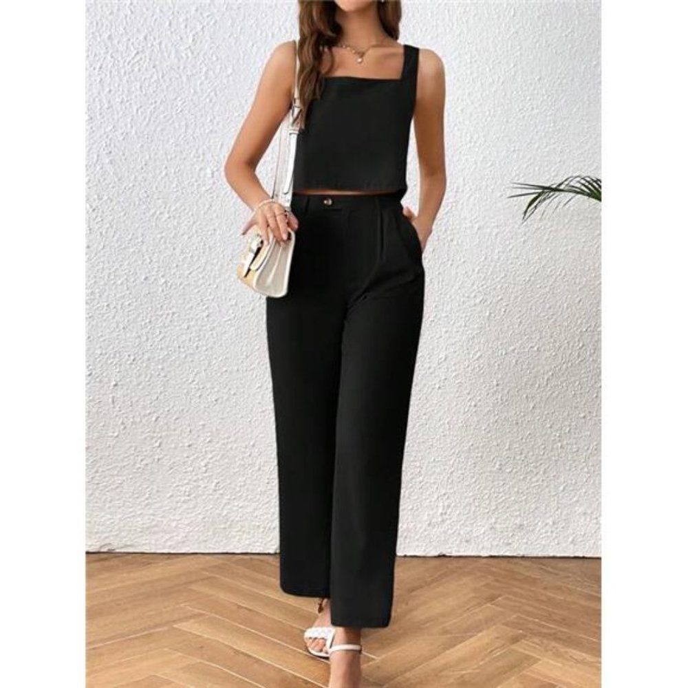 Solid Color Crop Top And Long Pants Vacation Woven Two Piece Set - Picture 3 of 5
